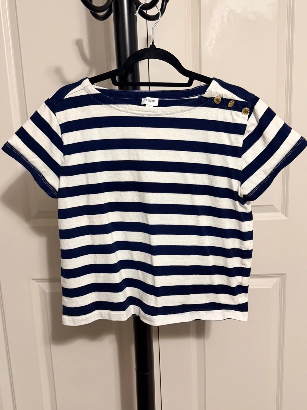 J. Crew Navy & White/Green stripe Short Sleeve Tees with Gold Buttons.